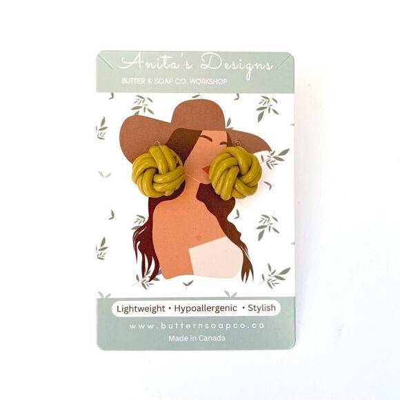 Olive Green Knots Clay Earrings S925 Silver gold posts - Picture 2 of 7